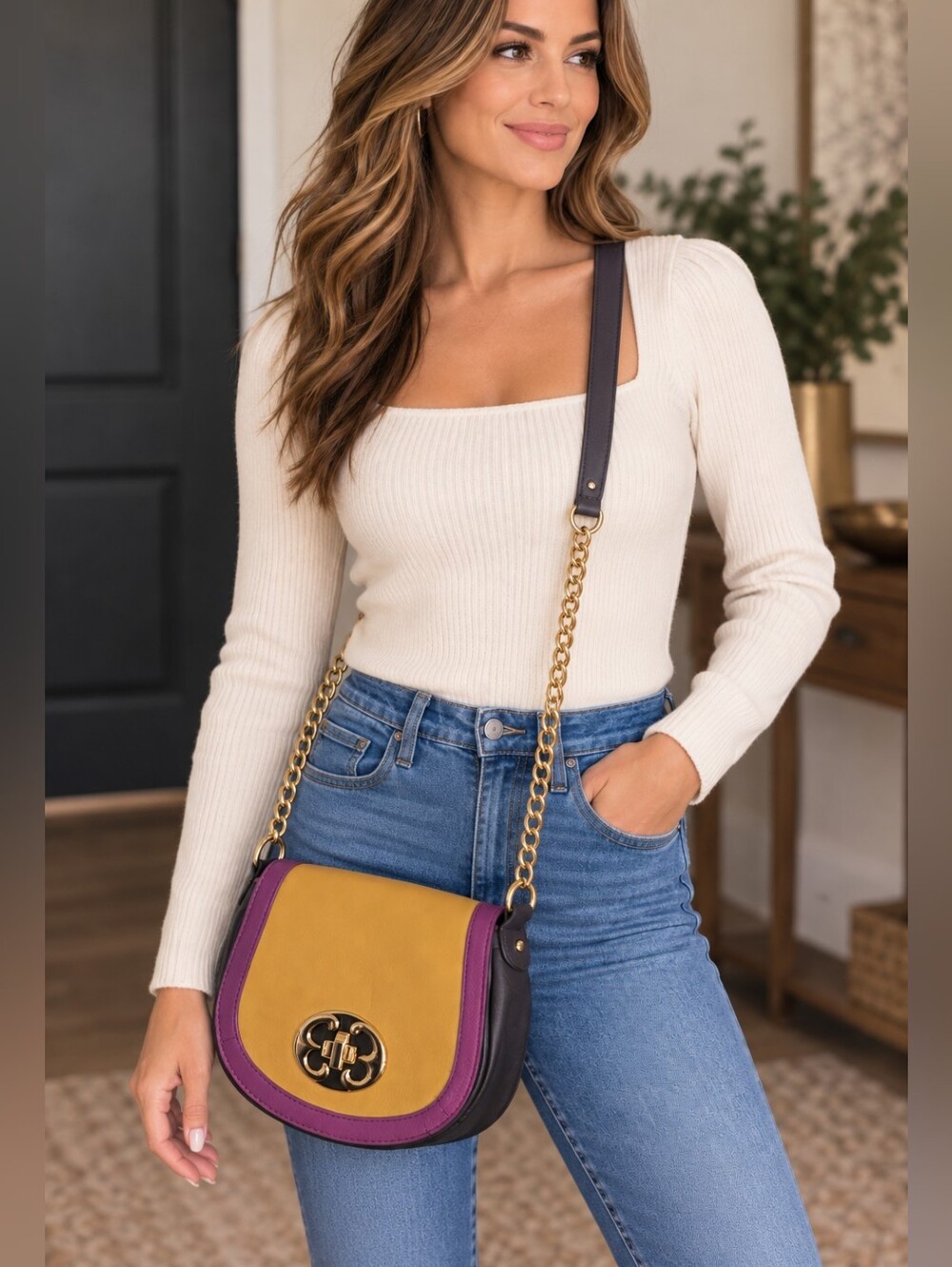 Emma Fox Leather Two Tone Saddle Crossbody Gold Tone Hardware Turn Lock Closure